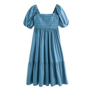 Abercrombie & Fitch Emerson Poplin Puff Sleeve Midi Dress Blue US Size L